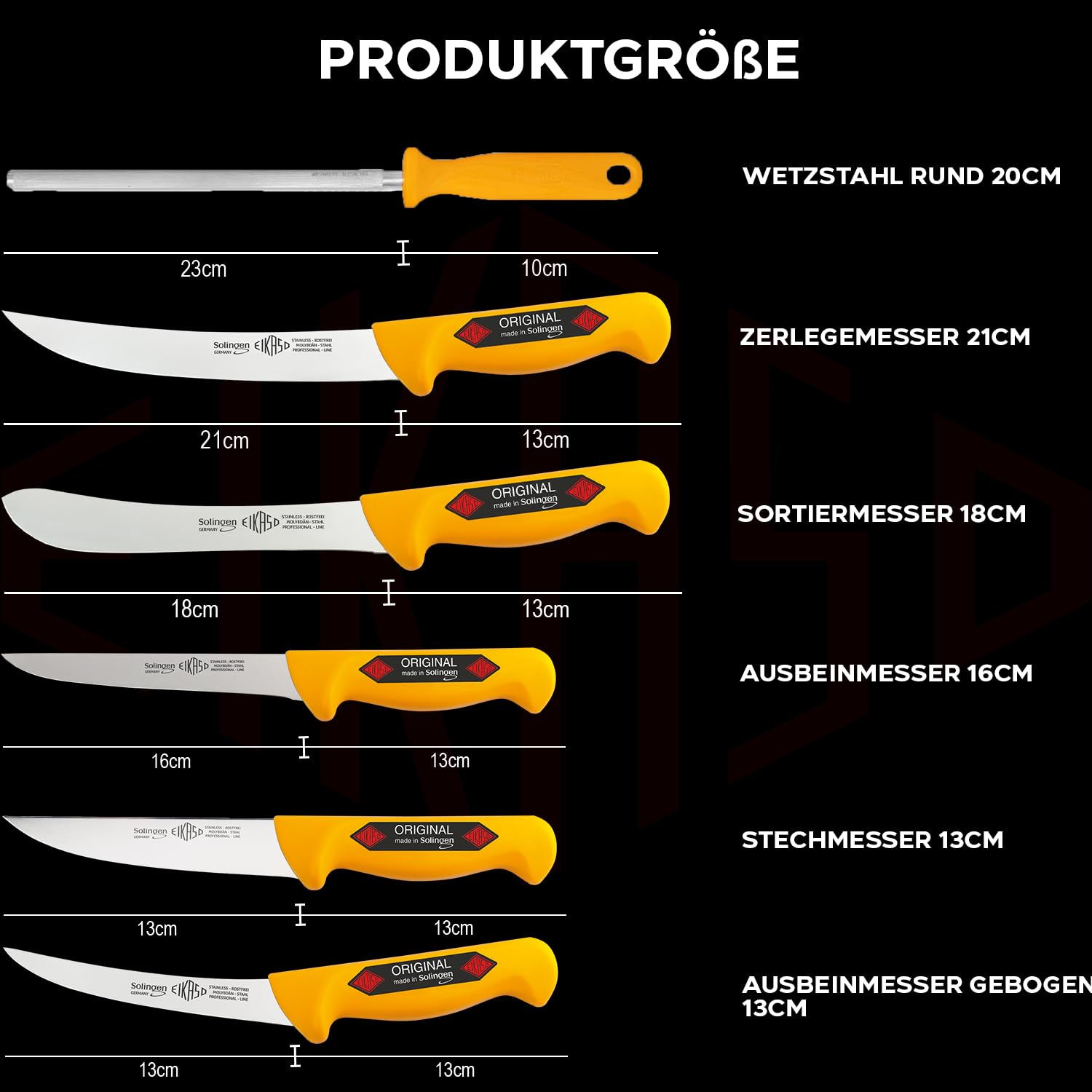 EIKASO Solingen 6-Teiliges Profi Messer Set geeignet als Metzgermesser, Fleischermesser, Schlachtermesser, Ausbeinmesser & Kochmesser (Gelb)