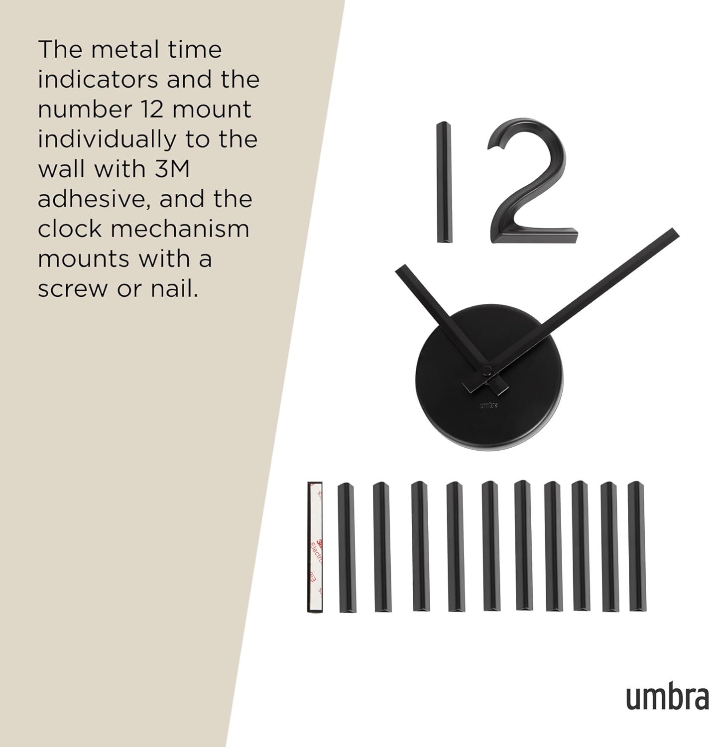 Umbra Blink Modern DIY 3D Wall Clock, Easy to Paste Wall Sticker Numbers, Frameless Large Decorative Wall Clock, Simple Indicators, Minimalist, Black