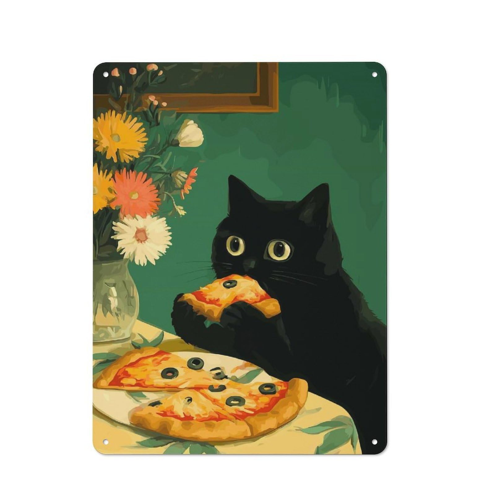 Black Cat Eating Pizza Art Vintage Metal Wall Decor 40x30cm, Vintage Metal Sign for Cafe, Bistro, Bakery Or Restaurant
