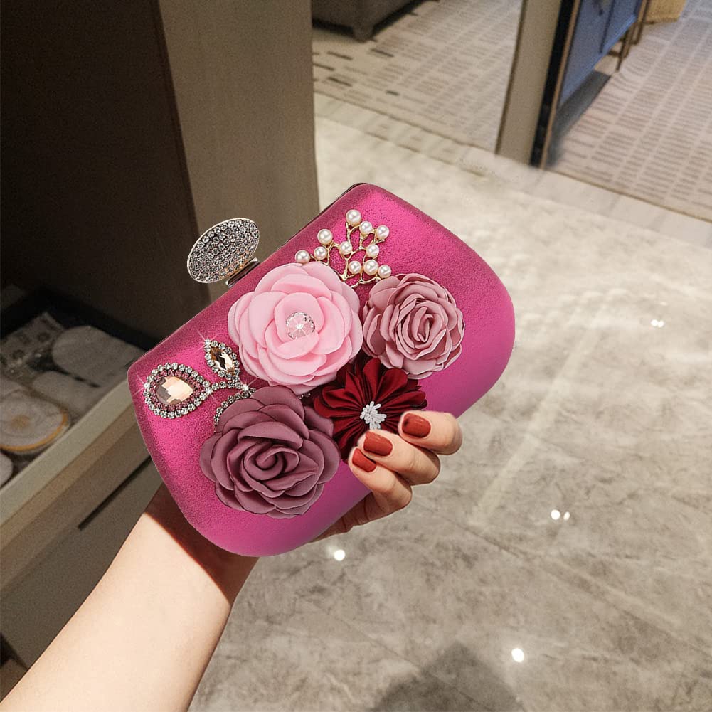 Borsa da donna per pochette da sera, con fiori, con manico a cerchio, elegante borsa a mano, con perle e fiori, borsa a tracolla per donne e donne