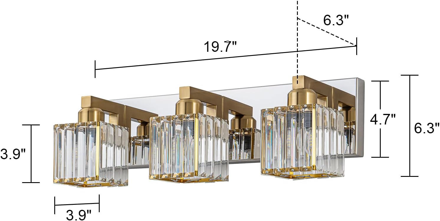 Condition photo showing New/Like New for gold chrome crystal bathroom light 3-light modern bathroom vanity light fixtures over mirror wall sconce gold chrome-square shade 3-lights