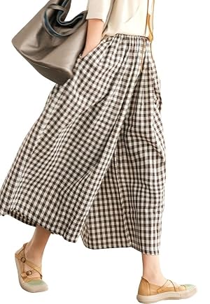 Womens Cotton Linen Wide Leg Culottes Pants Elastic Waist Plaid Gingham Capri Palazzo Pants