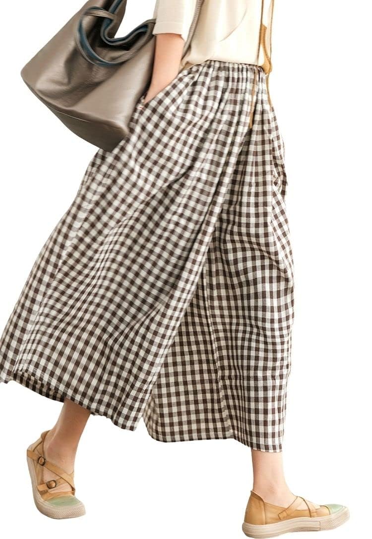 Womens Cotton Linen Wide Leg Culottes Pants Elastic Waist Plaid Gingham Capri Palazzo Pants