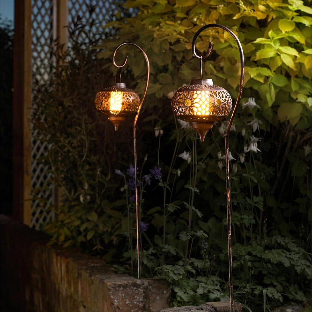 Garden Mile 2Pc Hanging Lantern Stakes Set Of 2 Extra Large Solar Stake Lights Outdoor Garden Lanterns Solar Powered Realistic Flame Effect Hanging Outdoor Lanterns Ideal For Driveway Pathway Lighting