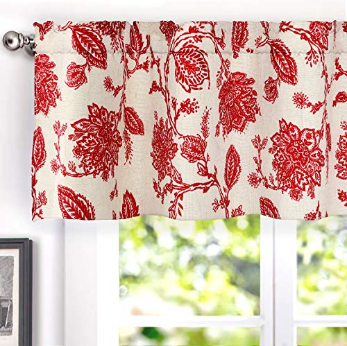 DriftAway Freda Jacobean Floral Linen Blend Blackout Thermal Insulated Energy Saving Privacy Window Linen Curtain Valance Rod Pocket 2 Layers Single 52 Inch by 18 Inch Plus 2 Inch Header Red Beige