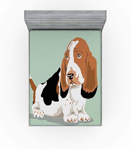 Miniatura 2 de Ambesonne Sábana bajera ajustable para amantes de los perros, con orejas largas, raza Basset Hound en patas cortas, ilustración caricaturizada, ropa
