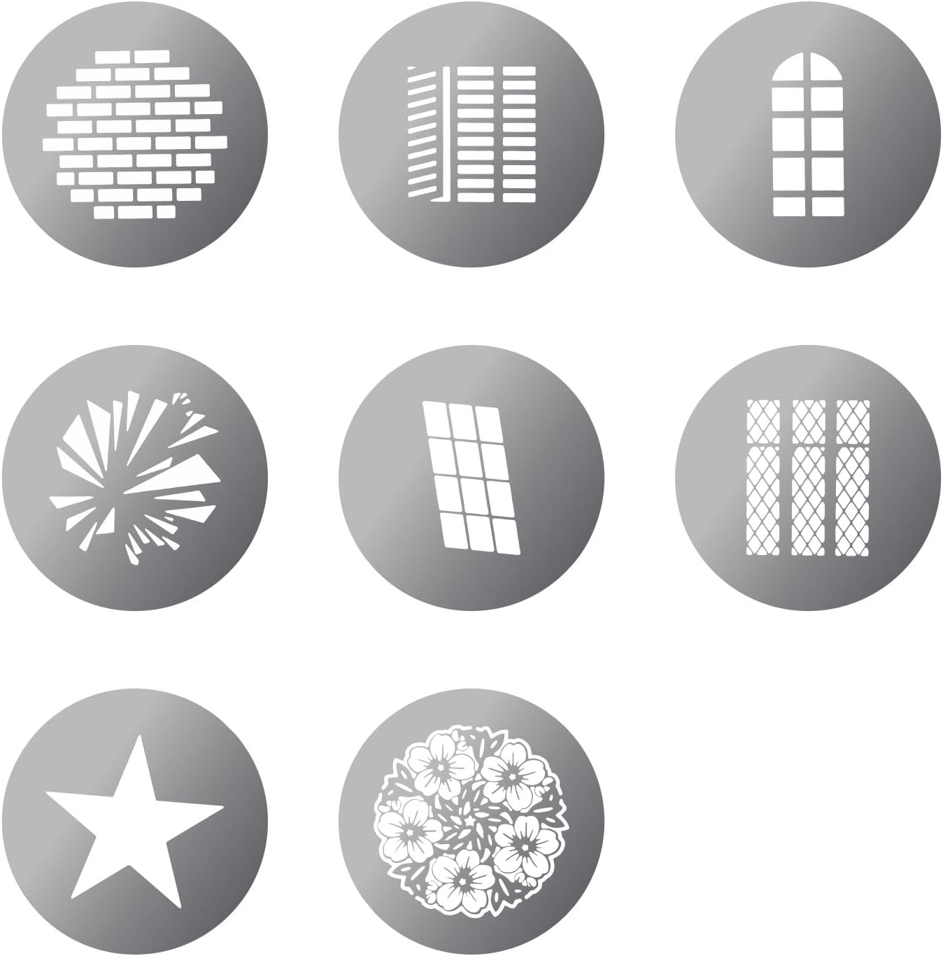 - DGS 002 Stainless Steel GOBO Pattern Kit with 8 Creative Pattern Effect for Optical Snoot, High-Temperature Resistance, Transforms Spaces with Geometric Shapes, LED Light Creative Effects