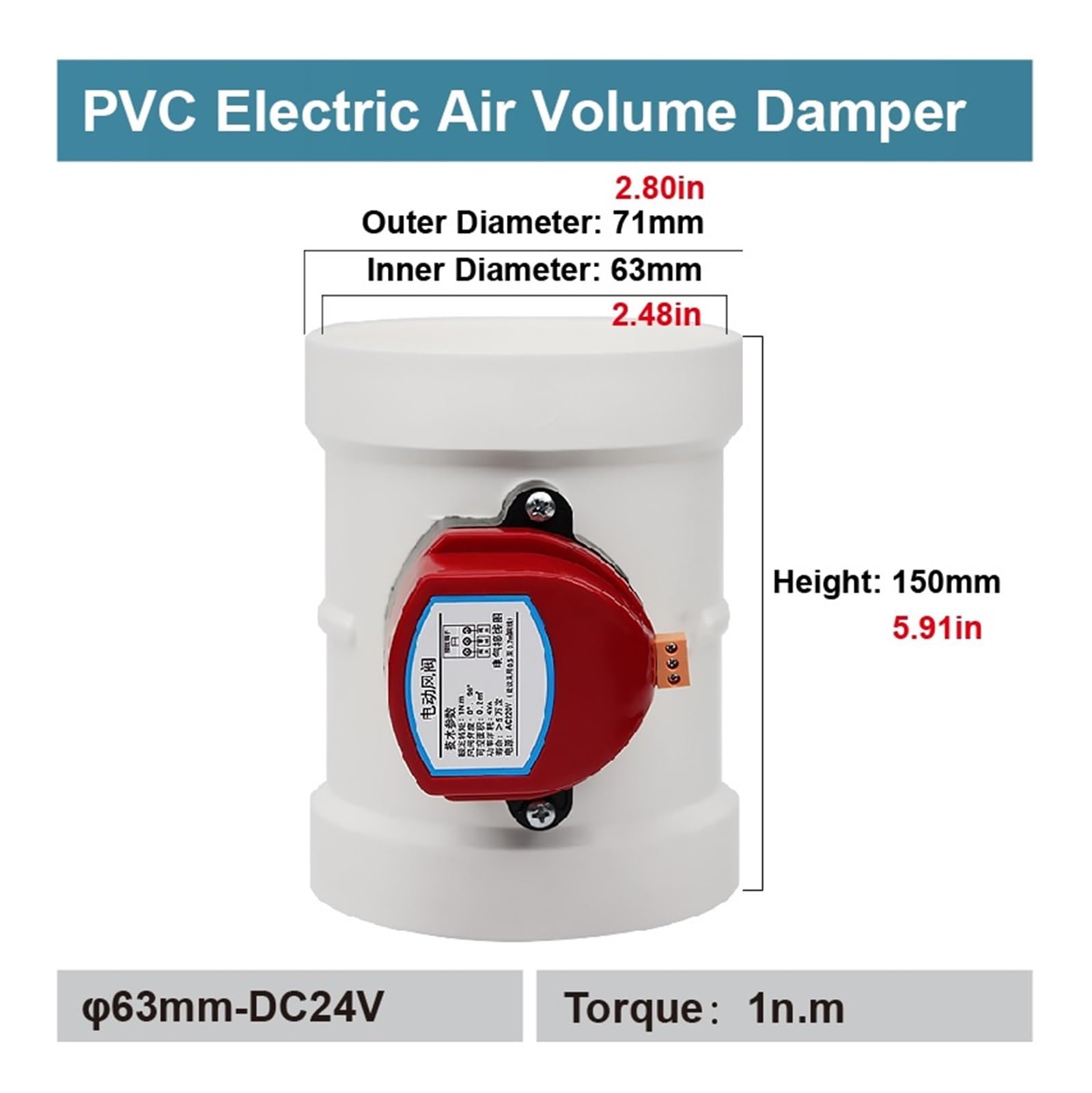 Actionneur pour vanne d'air vanne de porte d'air électrique PVC AC220V DC24V DC12V ID 51mm/63mm/75mm/110mm interrupteur contrôle flux fermeture conduit (63mm-24V-1n.m)