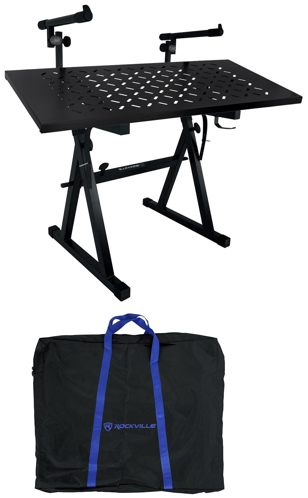 Rockville Bundle: Z55 Z-Style 2-Tier Keyboard Stand+Travel Bag Adjustable Height + Width Bundle with KS2 Shelf For Z-Stand or X-Stand - Turns Keyboard Stands Into DJ Table (2 Items)