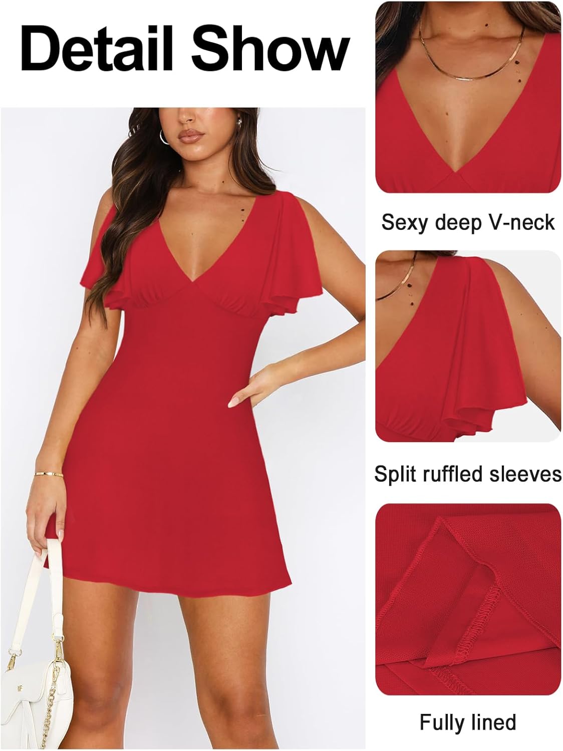 Women's Sexy Deep V-Neck Ruffle Sleeve Mini Dresses Summer Casual Bodycon Beach Cocktail Party Club Short Dress - Image 3
