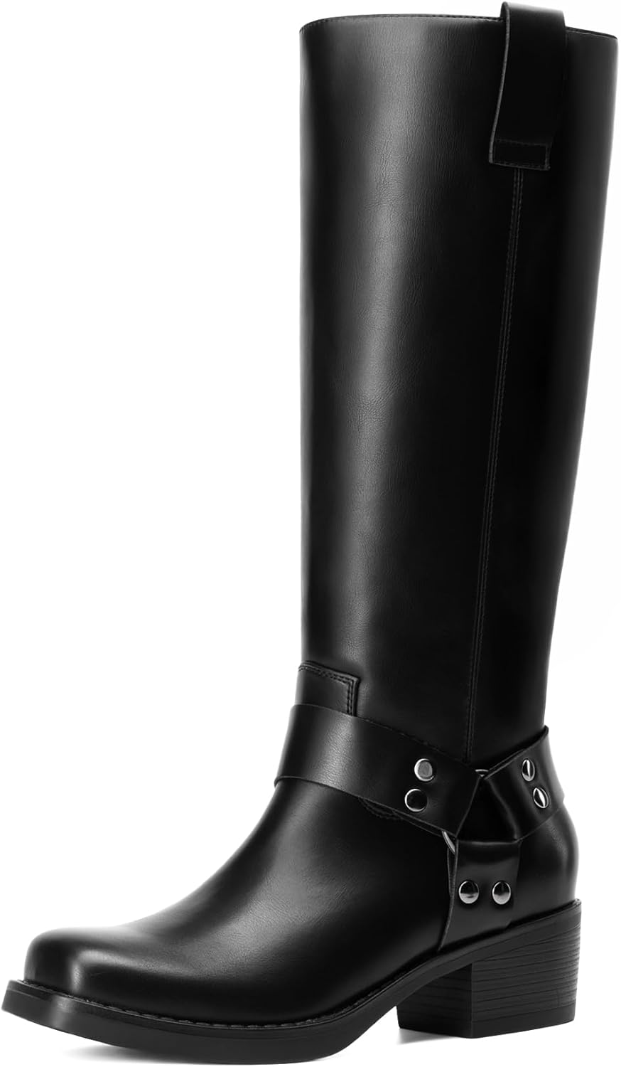 DREAM PAIRS Women's Knee High Boots Motorcycle Riding Pull-on Fashion Long Square Toe Buckle Biker Boots for Women