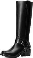 DREAMPAIRS Women's Knee High Biker Boots - Pull-On Square Toe Motorcycle Riding Buckle Boots for Edgy Style