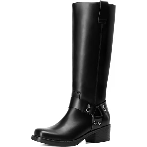 DREAM PAIRS Women's Knee High Boots Motorcycle Riding Pull-on Fashion Long Square Toe Buckle Biker Boots for Women