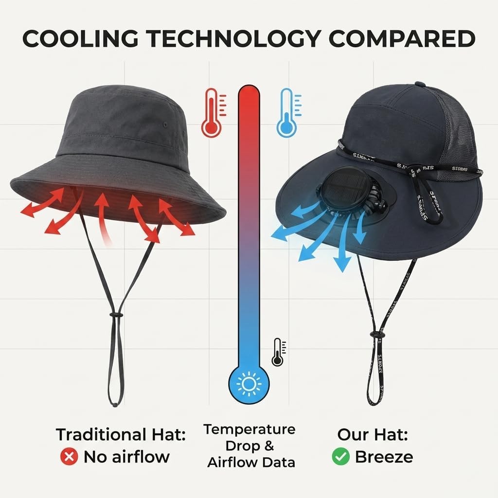 Solar Powered Fan Hat, Cooling Baseball Cap with Adjustable Sun Fan, Breathable Summer Visor Hat for Fishing Hiking