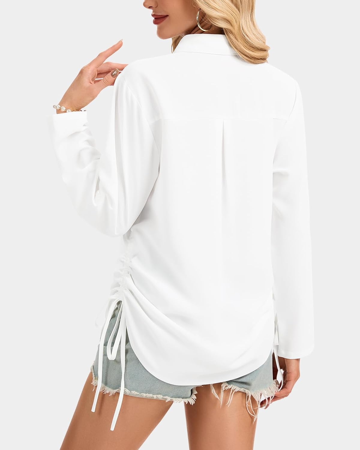 WOWENY Button Down Shirts for Women Dress Shirts Long Sleeve Collared Blouse Casual Side Drawstring Button Up Blouse Tops - Image 2