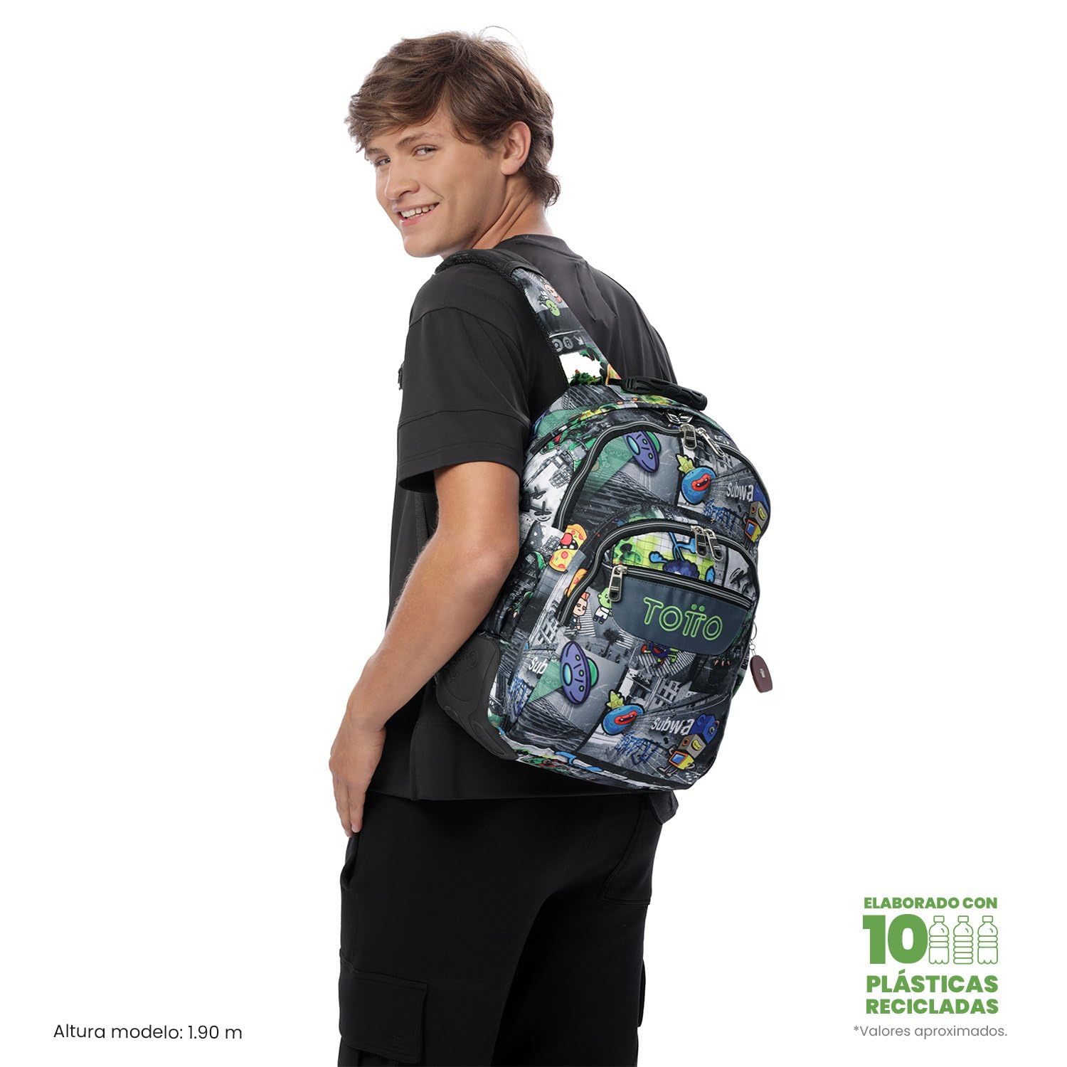 TOTTO - Mochila Escolar Grande, Modelo Rayol, Capacidad 19 L, 3 Compartimentos, 2 Bolsillos Botella, Bolsillo para PC 14", Espaldar Ergonómico con Flujo de Aire, Correas en S, Estampado Rolly Negro