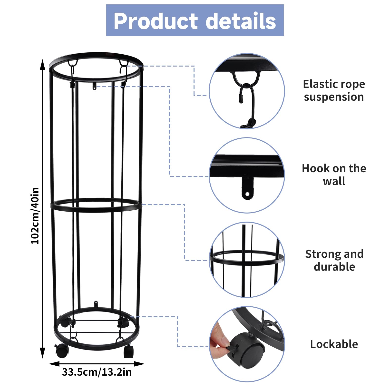 Verticale Support Ballon Basket, Organiseur d'Équipement de Sport, Support Ballon Foot, Rangement Ballon en Métal, Rangement pour Basketball, Football, Volleyball, 33.5 x 33.5 x 102 cm