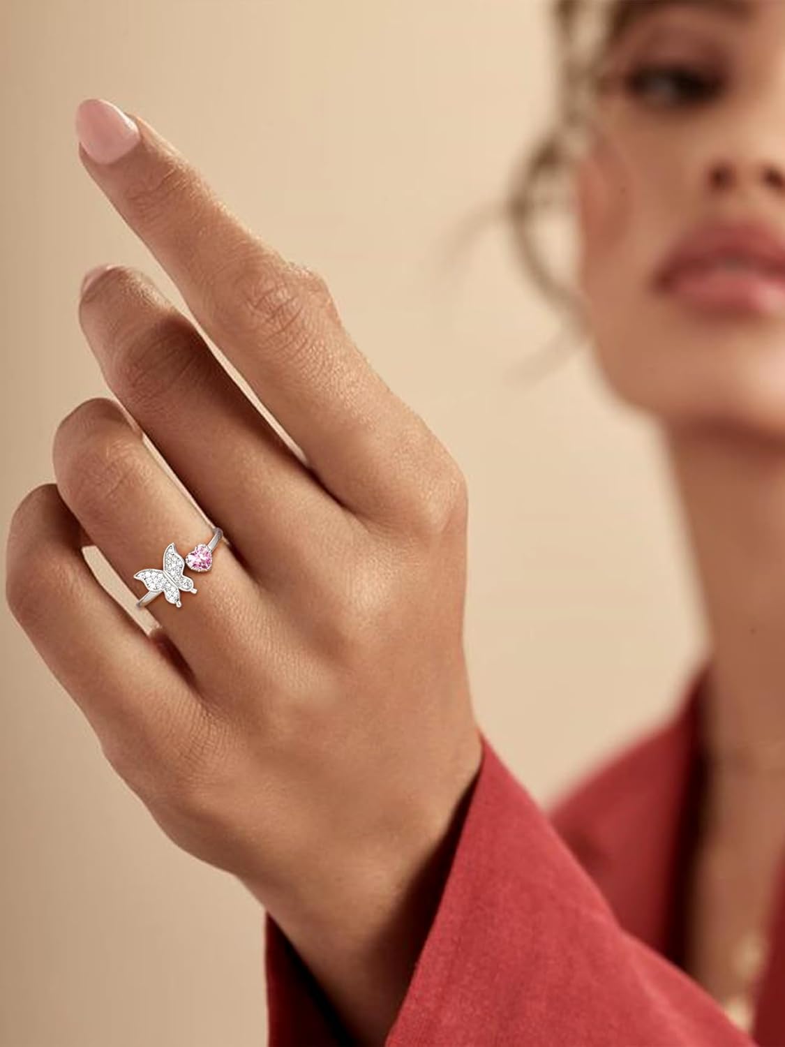 Bestyle Sterling Silver Butterfly Birthstone Rings for Women, Dainty Butterfly Stackable Ring Adjustable Ideal Valentine's Birthstone Gifts for Her - Image 2