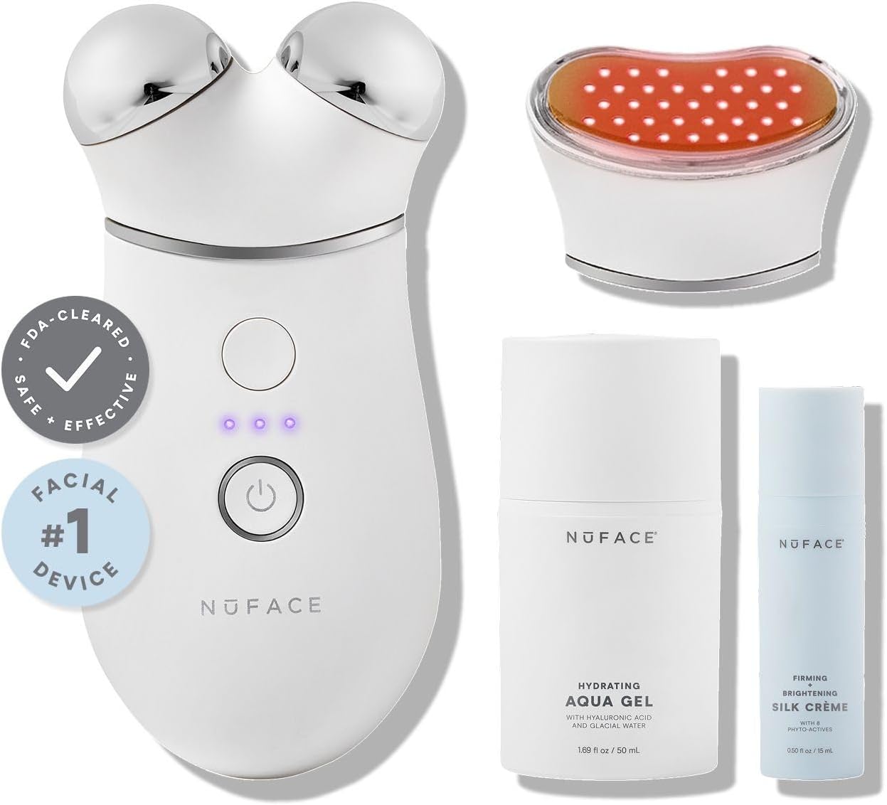 NuFACE TRINITY+ Microcurrent Facial Device + Effective Lip & Eye Attachment - FDA Cleared Skin Tightening & Face Toning Device for Targeted Treatment + Microcurrent Gel Activator, Silk Crème & Brush