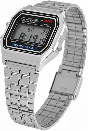 Retro Digital Wristwatch – Metal Lanyard, Square Case, Alarm & Stopwatch, LED Light, 12/24 Hours, Water Splash Resistant, Unisex – Silver Unisex Watch