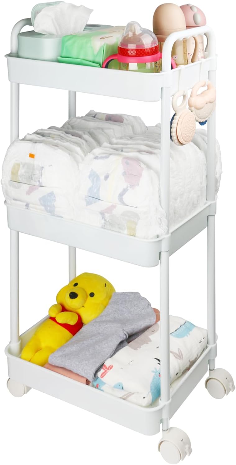 Volnamal Plastic Baby Diaper Cart, White, 14.18 x 9.26 x 31.13 in, 3-Tier Diaper Organizer with Wheels, Easy Assembly, Versatile Storage for Baby Diapers, Wipes, Clothes, Toys