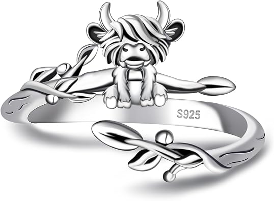 Highland Cow Ring for Women - 925 Sterling Silver Cute Animals Cattle Adjustable Rings Cow Open Ring Jewelry Gifts