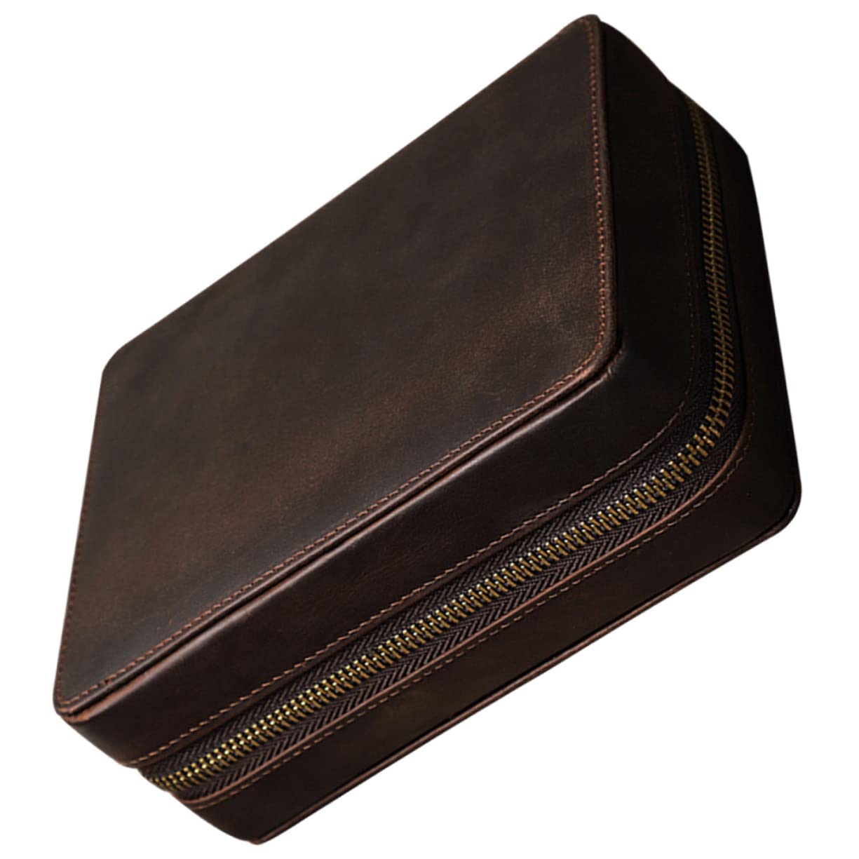 PACKOVE Estuche de Cuero para Reloj Vintage 4 Ranuras y Cremallera | Viaje y Almacenamiento, Tono Café, Compartimentos en Ambos Lados, Adecuado para Boda o Cumpleaños