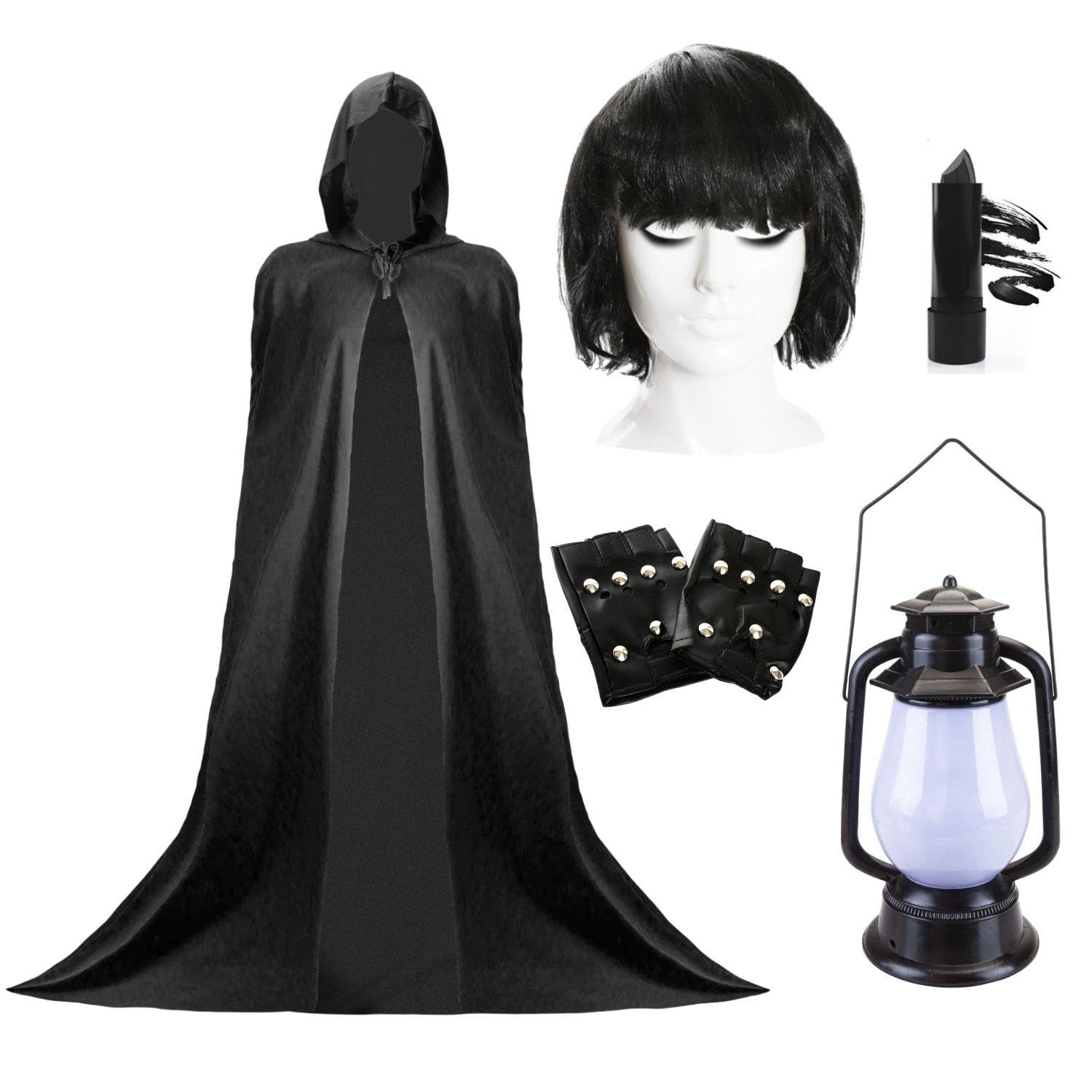 LOVETRENDS Claudia TV Presenter Costume Set – Hooded Cape, Wig, Eyeliner, Lantern Glowing With Sound & Gloves – Funny Traitor Inspired Fancy Dress Outfit for Adults, Halloween & Parties