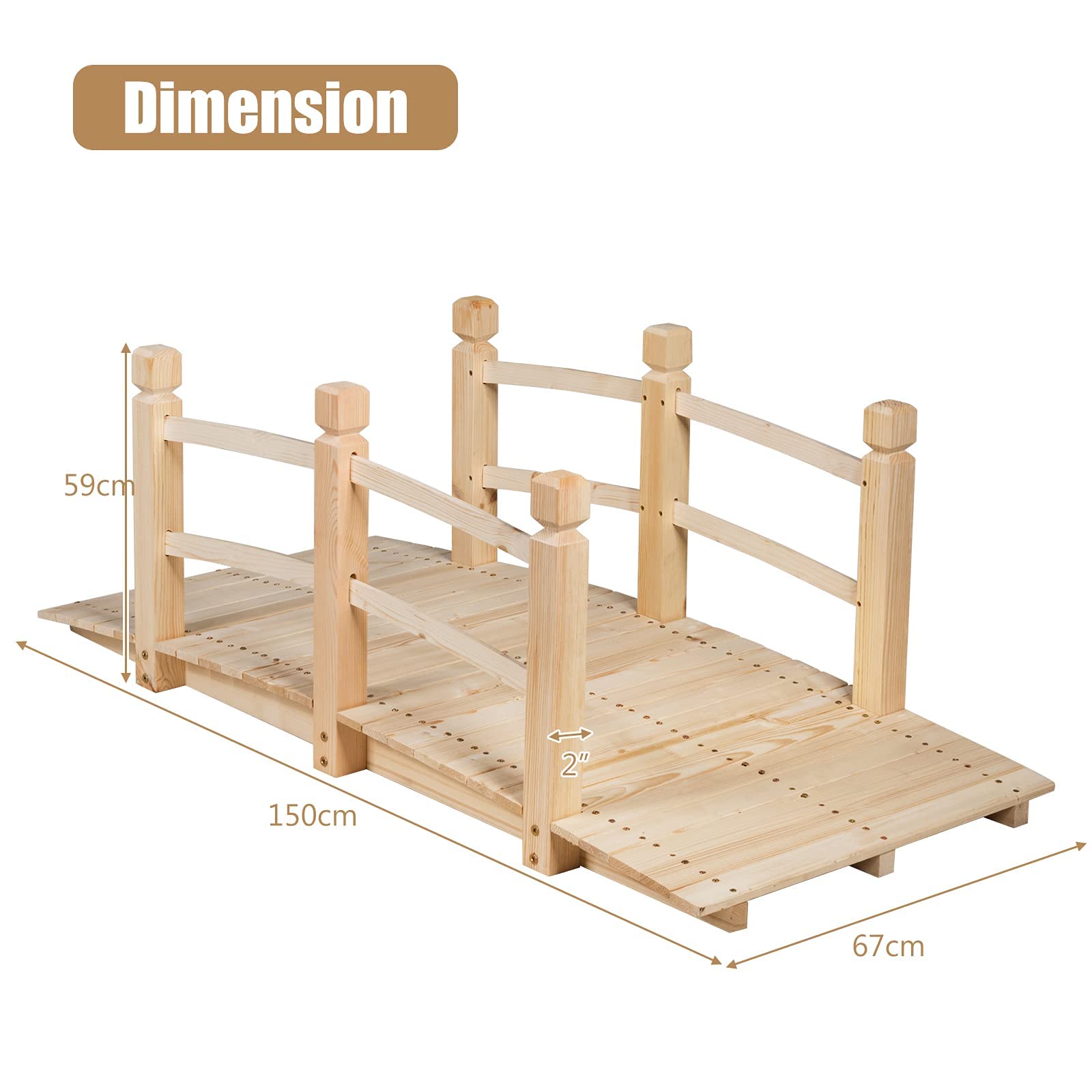 GOPLUS Puente de Madera Rústica y Maciza con Mano Corriente, Decoración de Jardín, Puente de Estanque, Soporta Peso Máximo 100 KG, 150 x 67 x 55 CM, Natural