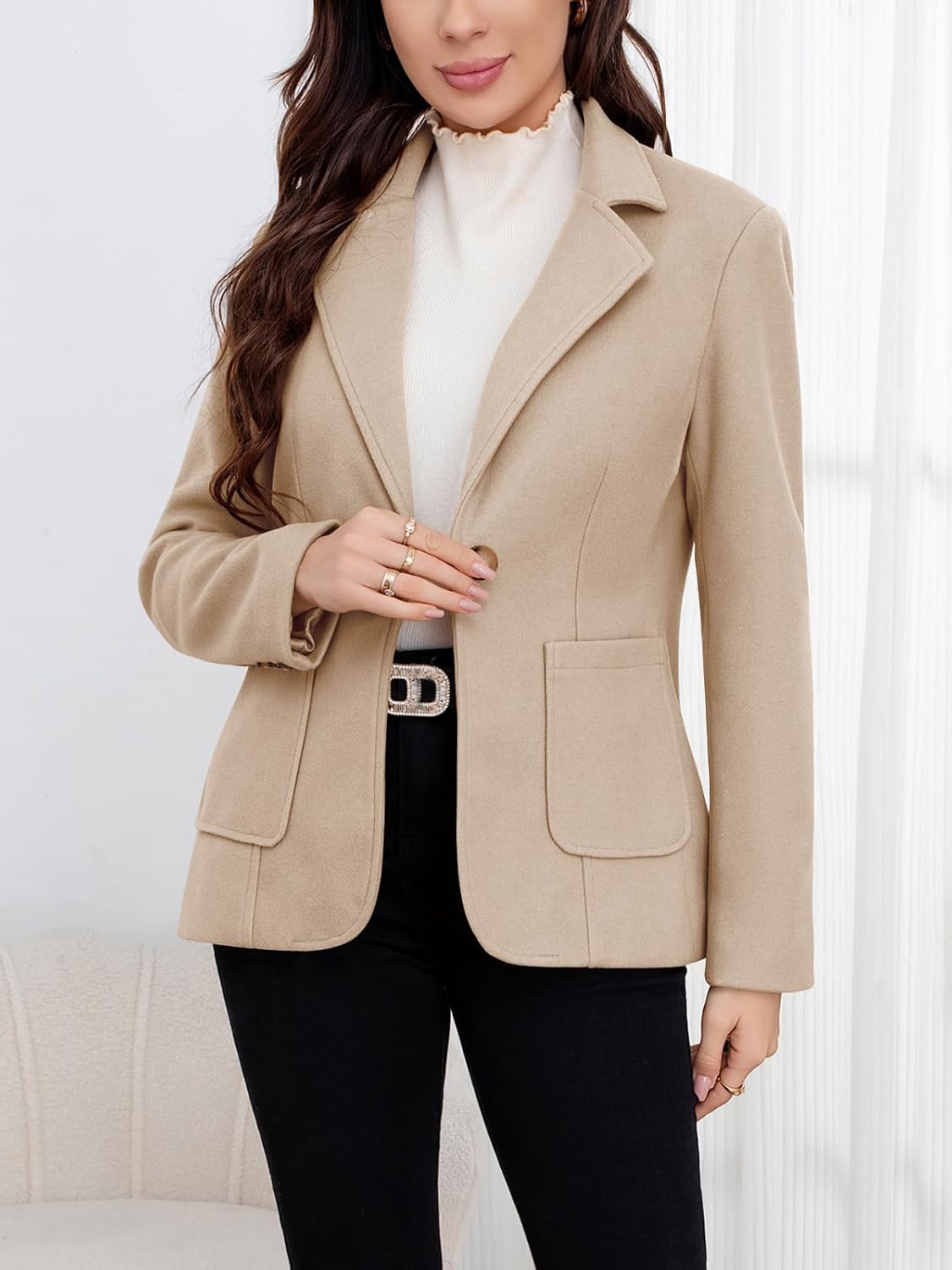 ebossy Women's Wool Pea Coat Notched Lapel 1-Button Business Office Blazer Jacket Elegant Short Coat with Pockets