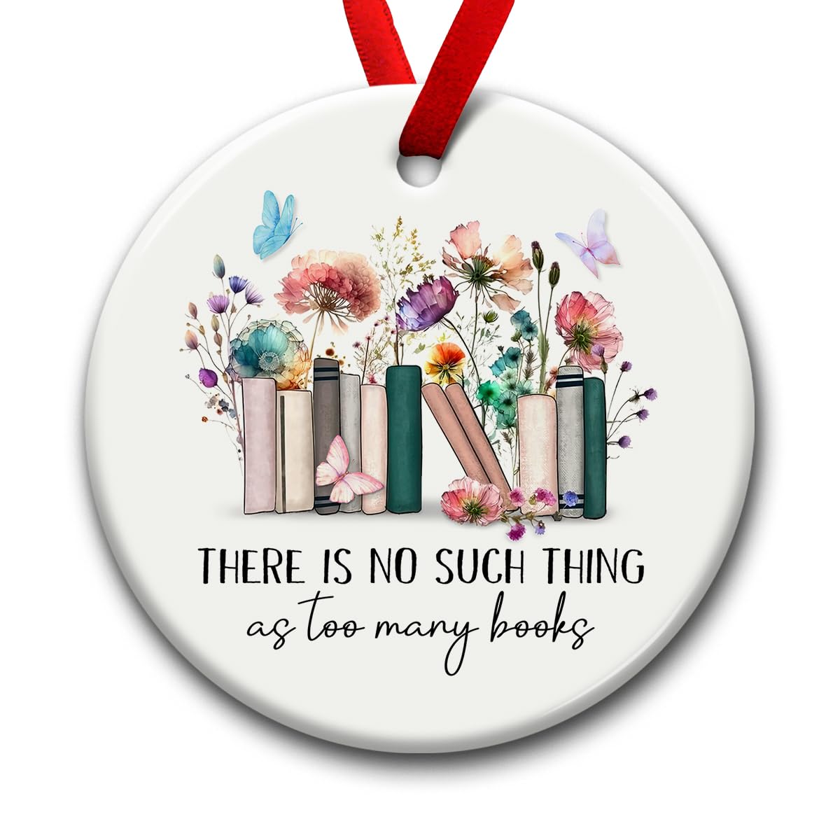 SOL VIBES Book Lover Ornament, Christmas Ceramic Ornaments, Flowers Books, Librarian Gift for Bookworm and Book Reader, Bookish Tree Decor, Teacher