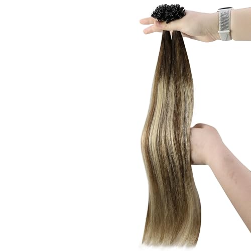Miniatura 9 de YoungSee Extensiones de cabello balayage con puntas en U, color marrón oscuro, ombré, marrón claro y rubio claro, balayage, con punta en U,