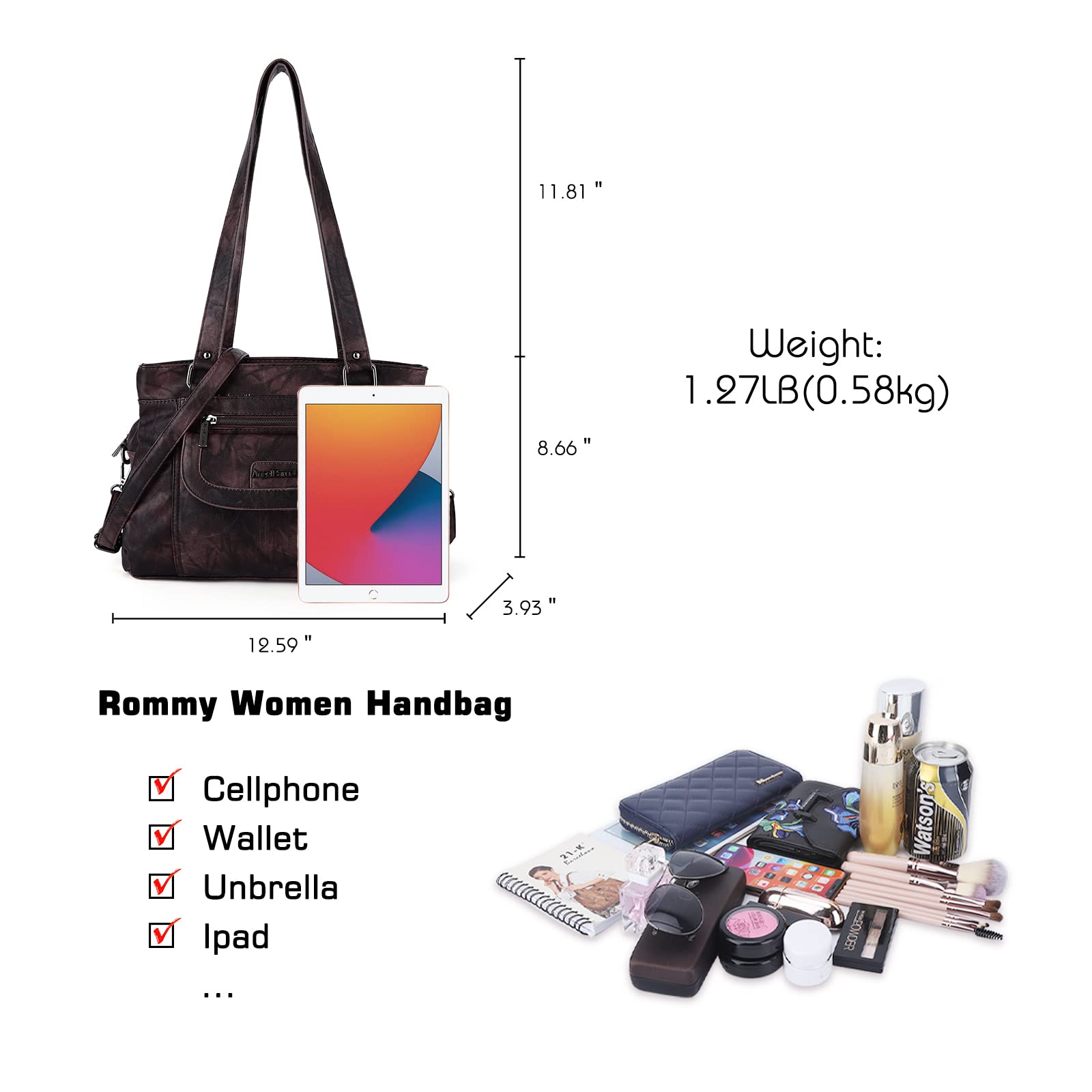 Angel Barcelo Womens Fashion Handbags Tote Bag Cross Body Shoulder Bag Top Handle Satchel Purse (Stylish Coffee)