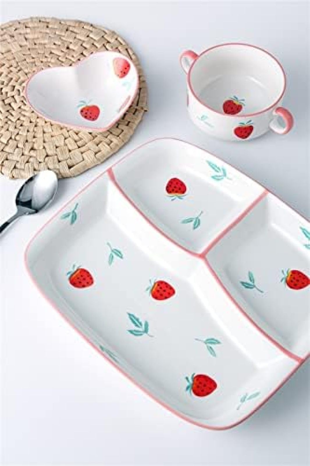 Assiette Divisée/Bol À Soupe/cuillère/Fourchette Ensemble De Couverts Une Personne Utiliser des Assiettes Bariatriques pour Le Contrôle des Portions - 5 Pièces Ustensiles De Cuisine,Motif Fraise,P