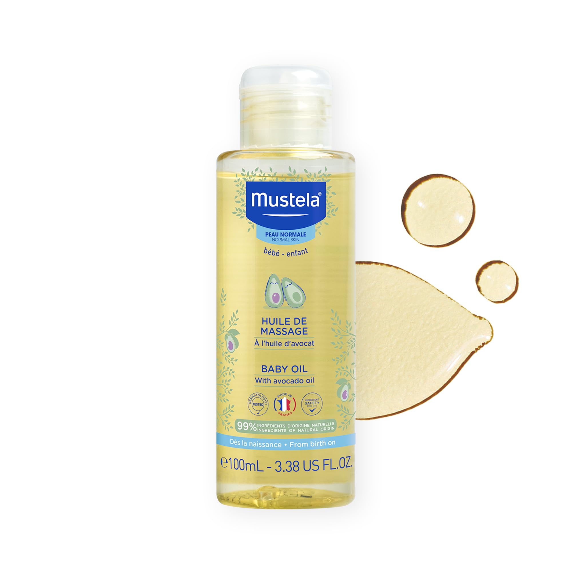 Mustela Baby Oil - Moisturizing Oil for Massage - with Natural Avocado fortified with Vitamin B5 - Biodegradable Formula & Tear-Free - 100ml