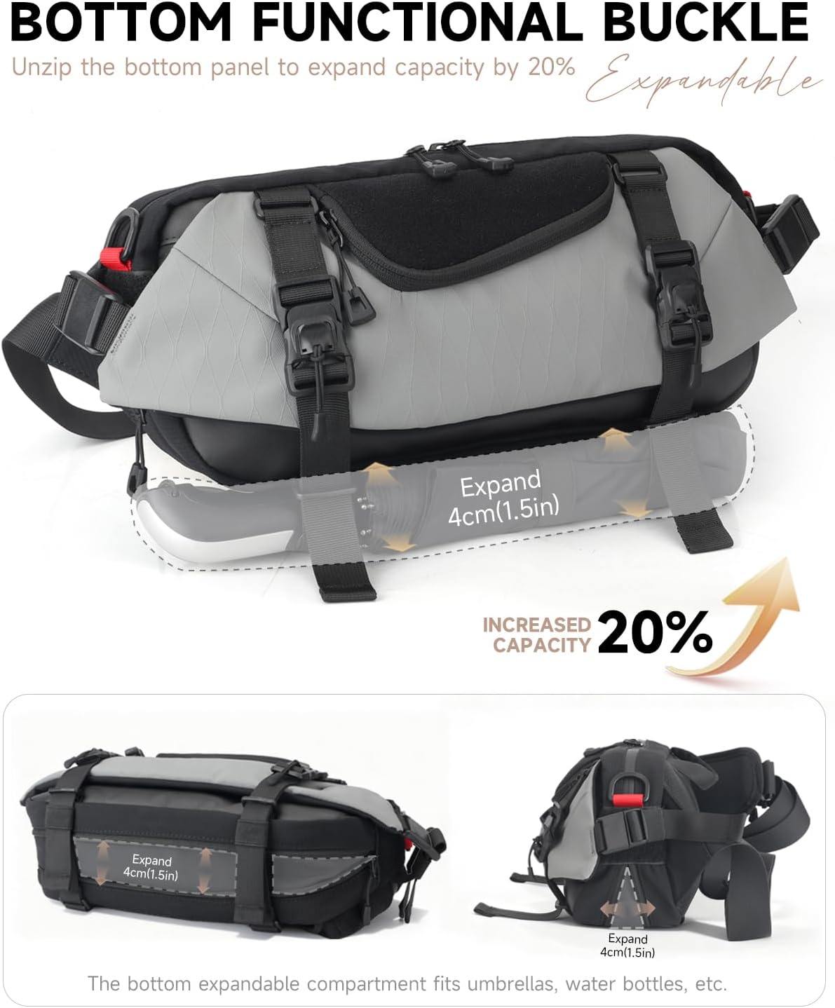 Travel Sling Bag, Anti-Theft Crossbody Fanny Pack with Magnetic Closure, Expandable Mens Crossbody Shoulder Chest Bag for Hiking Walking Running Cycling,Gray