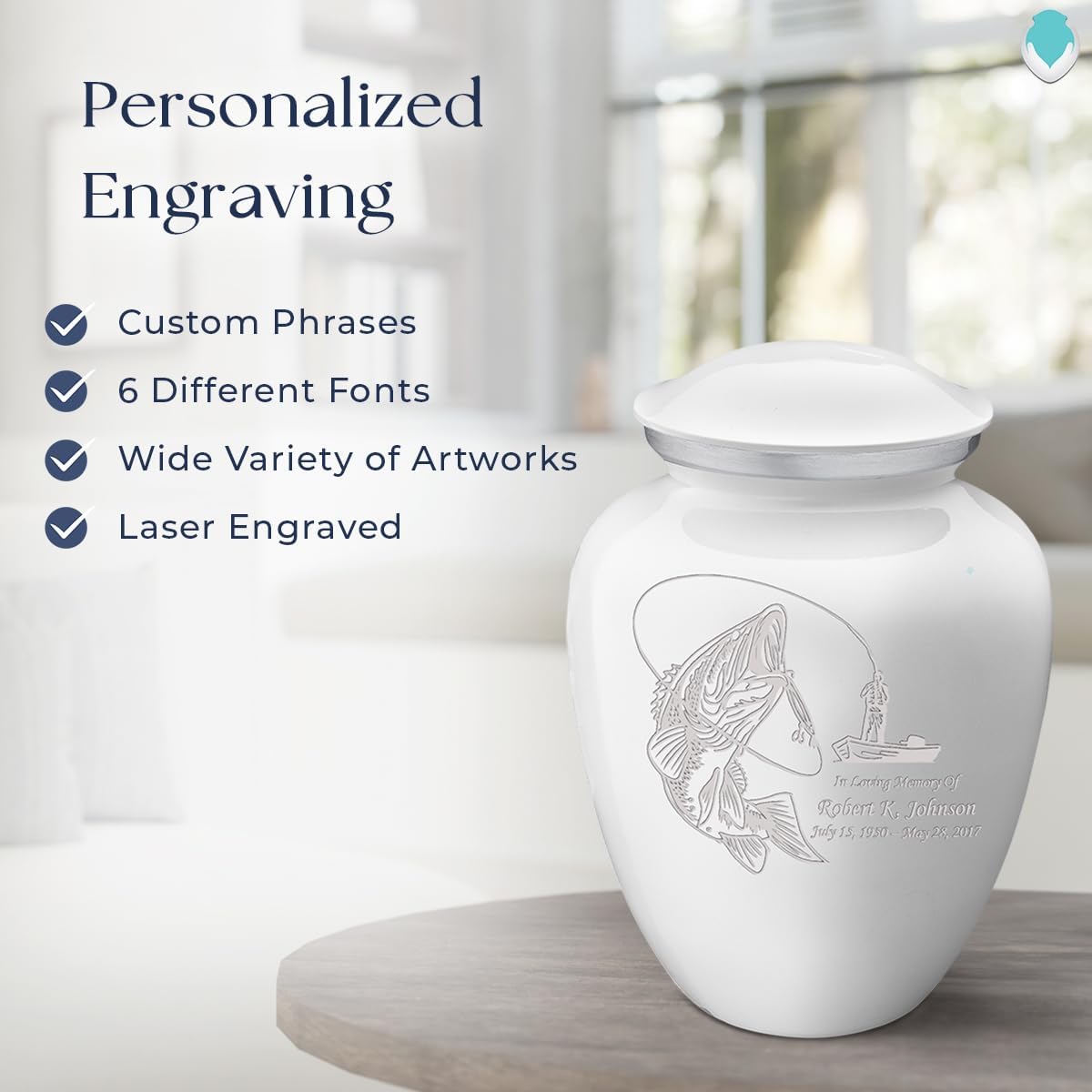 Geturns Embrace Adult Personalized Fishing Cremation Urns for Human Ashes I Large White Funeral Urn for Men and Women I 200 lbs