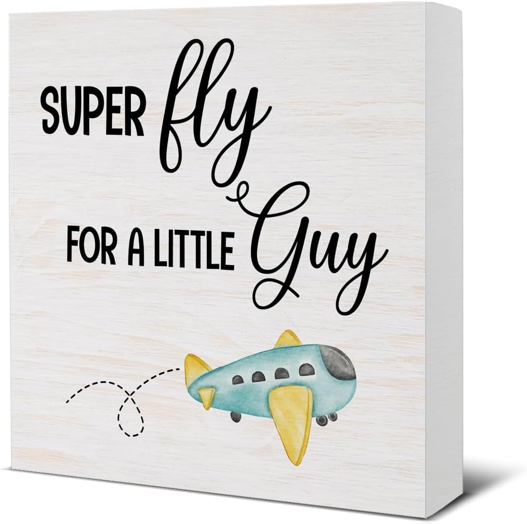 Airplane Decor for Boys Room Super Fly for a Little Guy Wood Block Sign Airplane Nursery Decorative Desk Sign Baby Room Playroom Bedroom Shelf Tabletop Decor 5 X 5 Inches