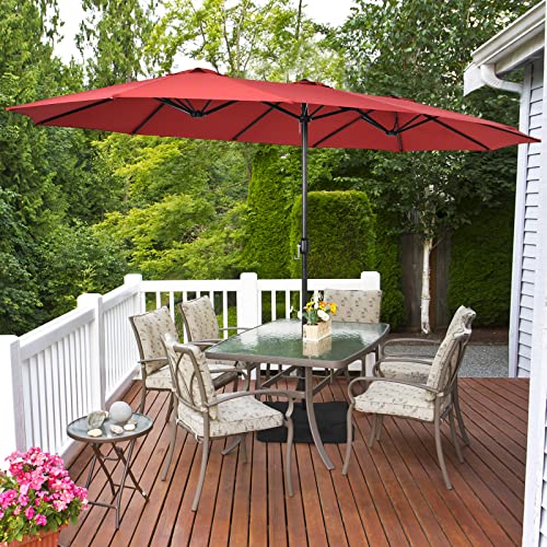 Image of Tangkula 15FT Double-Sided Patio Umbrella with Base, Extra-Large Market Umbrella W /Crank System, Outdoor Twin Umbrella W / 12-Rib Metal Structure & Air Vents for Garden, Backyard, Poolside (Burgundy)