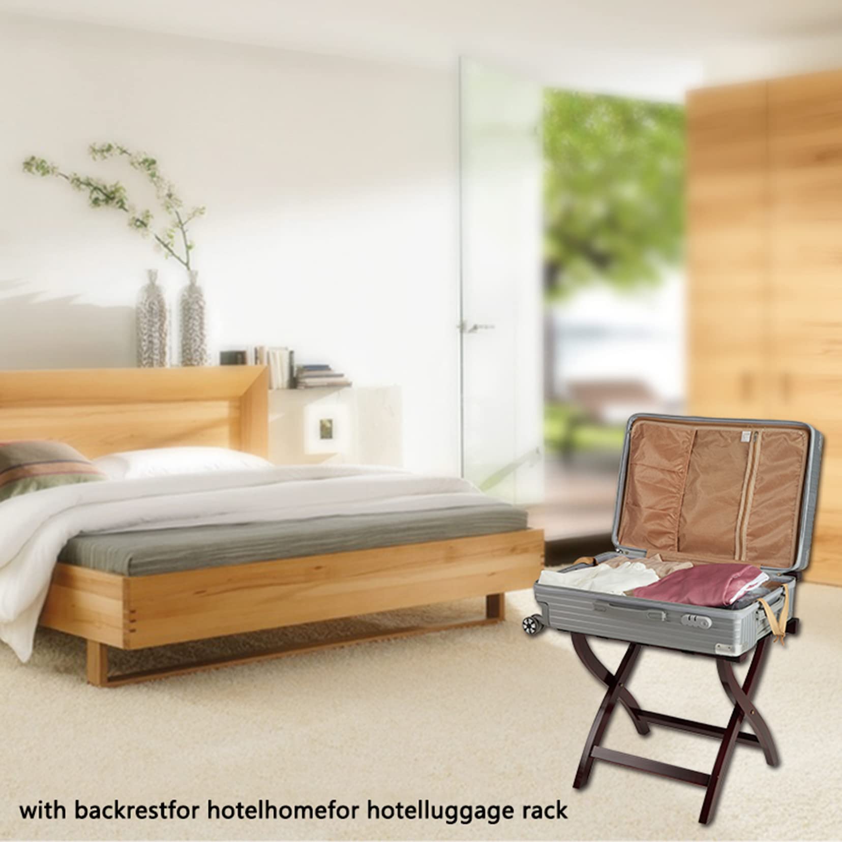 Portaequipajes de hotel for habitación de huéspedes Mejore la versión fuerte Portaequipajes plegable de madera de bambú duro dormitorio, habitación de huéspedes del hotel, rojo, 46x46x60cm