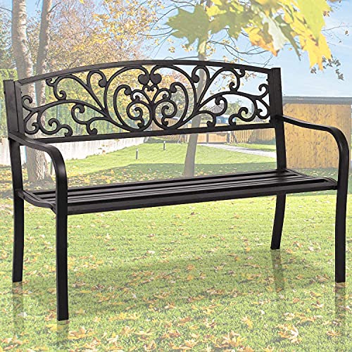 Mental Lutyens Garden Bench Outdoor Bench Patio Bench Wrought Iron Bench Front Porch Bench Park Bench Outdoor Furniture Steel Frame Benches Clearance, 50 Inch Black