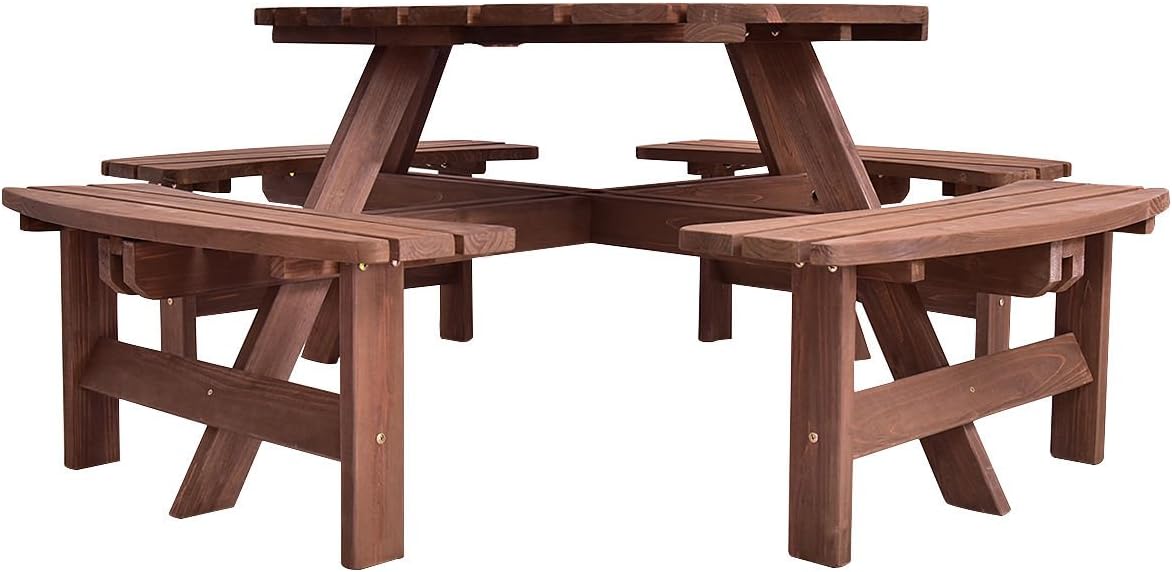 Giantex Wooden Picnic Table Set with Wood Bench, 4 Adults or 8 Kids Outdoor Round Table with Umbrella Hold Design, Perfect for Outdoor Garden Yard Pub Beer Dining, Dark Brown : Patio, Lawn & Garden