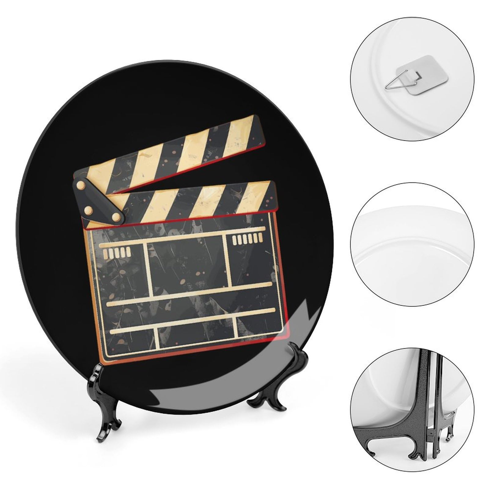Piatto decorativo con ciak da cinema con espositore, piatto in ceramica, piatto in porcellana per decorazioni per feste e matrimoni
