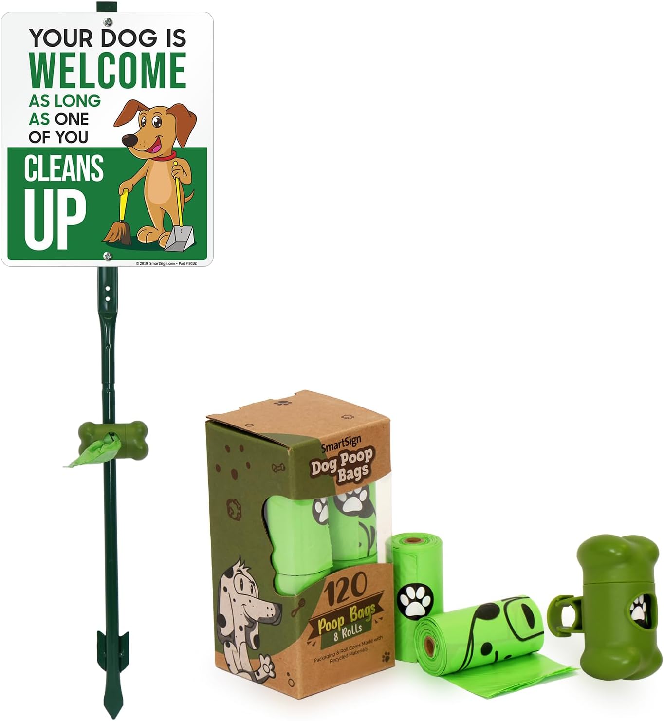 SmartSign Your Dog Is Welcome As Long One of You Cleans Up Yard Sign & Clip-On Preloaded Dispenser Combo/Kit with 135 Dog Poop Waste Bags, 10"x12" Rust-proof Aluminum Sign with 3ft Steel Stake