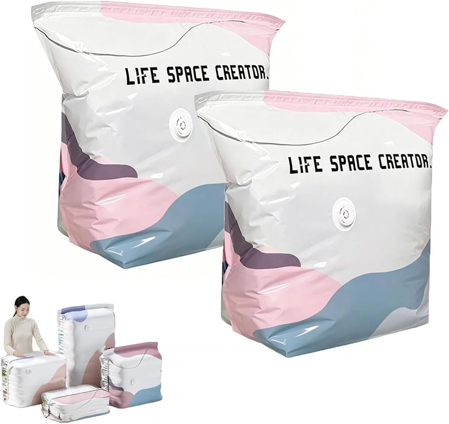 No‑Pump Vacuum Storage Bags Press & Seal No Pump Needed Thickened Non Suction Vertical Compression Bag Space Saver Dust-proof Vacuum Seal Bag for Comforters Blankets Clothes (2PCS,M)