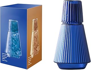 Juego de Jarra Y Vaso de Agua de Noche Vintage de 34 Oz, Jarra de Agua de Noche de Cristal a Rayas Clásicas con Vaso de Vaso, Jarra de Agua de Cristal Transparente para Mesita de Noche de(Azul)