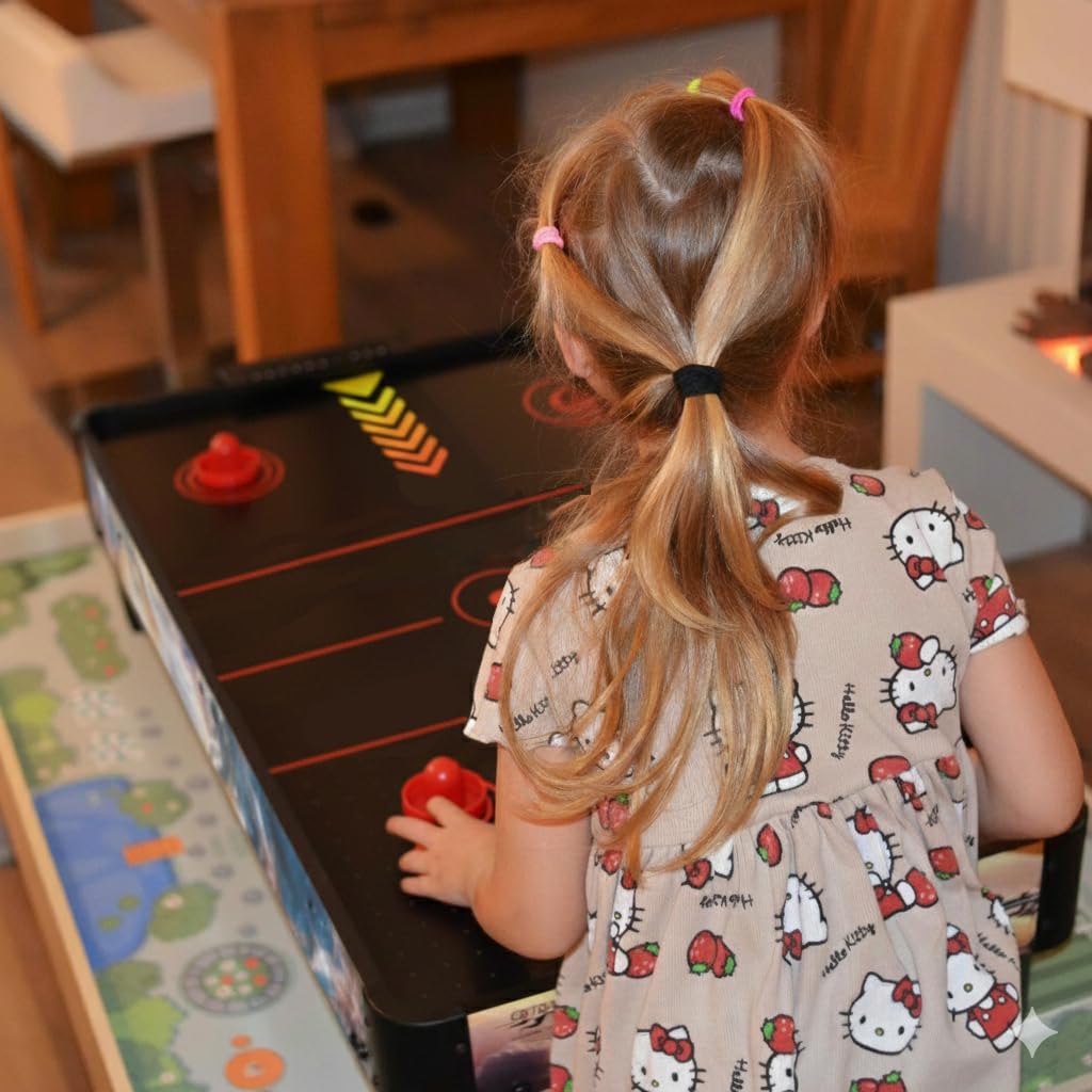 Airhockeytisch für Kinder ab 6 Jahre, Airhockey Game für Tisch mit Gebläse/Motor, Air Hockey Table Top Tischauflage für 2 Spieler inkl. 4x Pusher, 4x Pucks, Torzähler, Zero-G Battle 102x52x20 cm