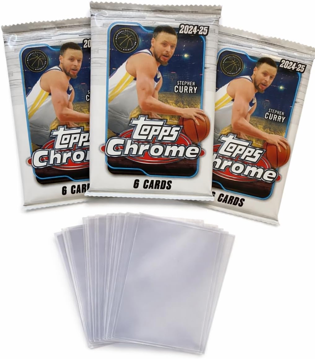 2024-25 Topps Chrome Basketball Cards, 3 Factory Sealed Packs with 18 Cards Total and 10 Penny Sleeves, Sports Collectible Trading Cards