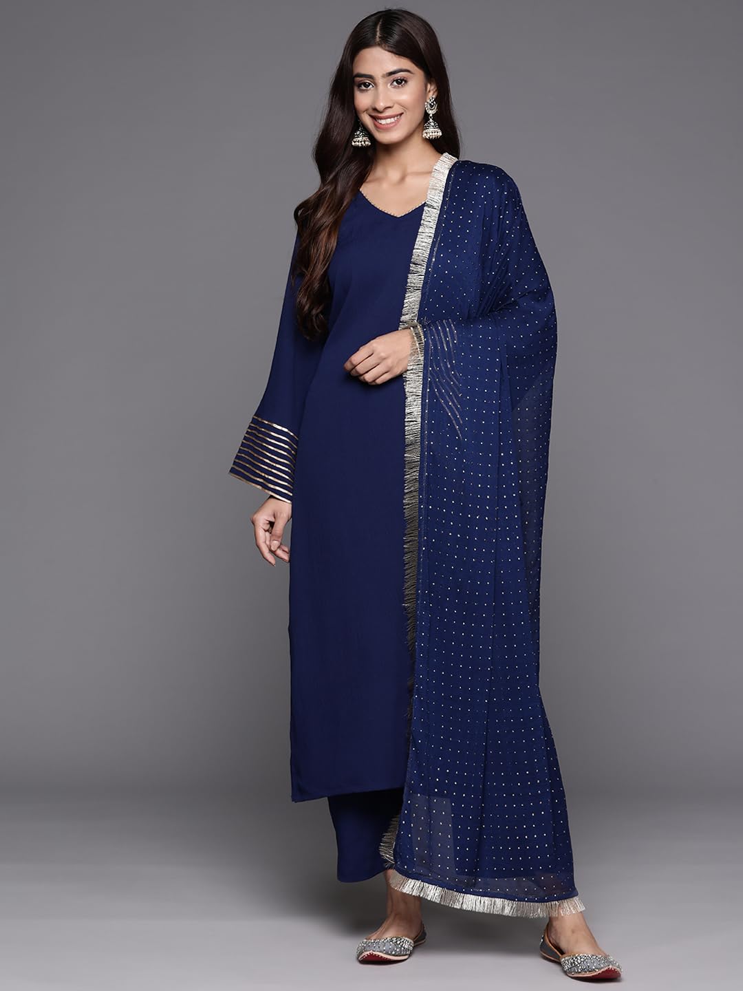 Varanga Women Navy Blue Solid V-Neck Embellished With Gota Straight Kurta Paired With Tonal Bottom And Dupatta  Elegant Ethnic Wear For Women, Perfect For Festive & Special Occasions