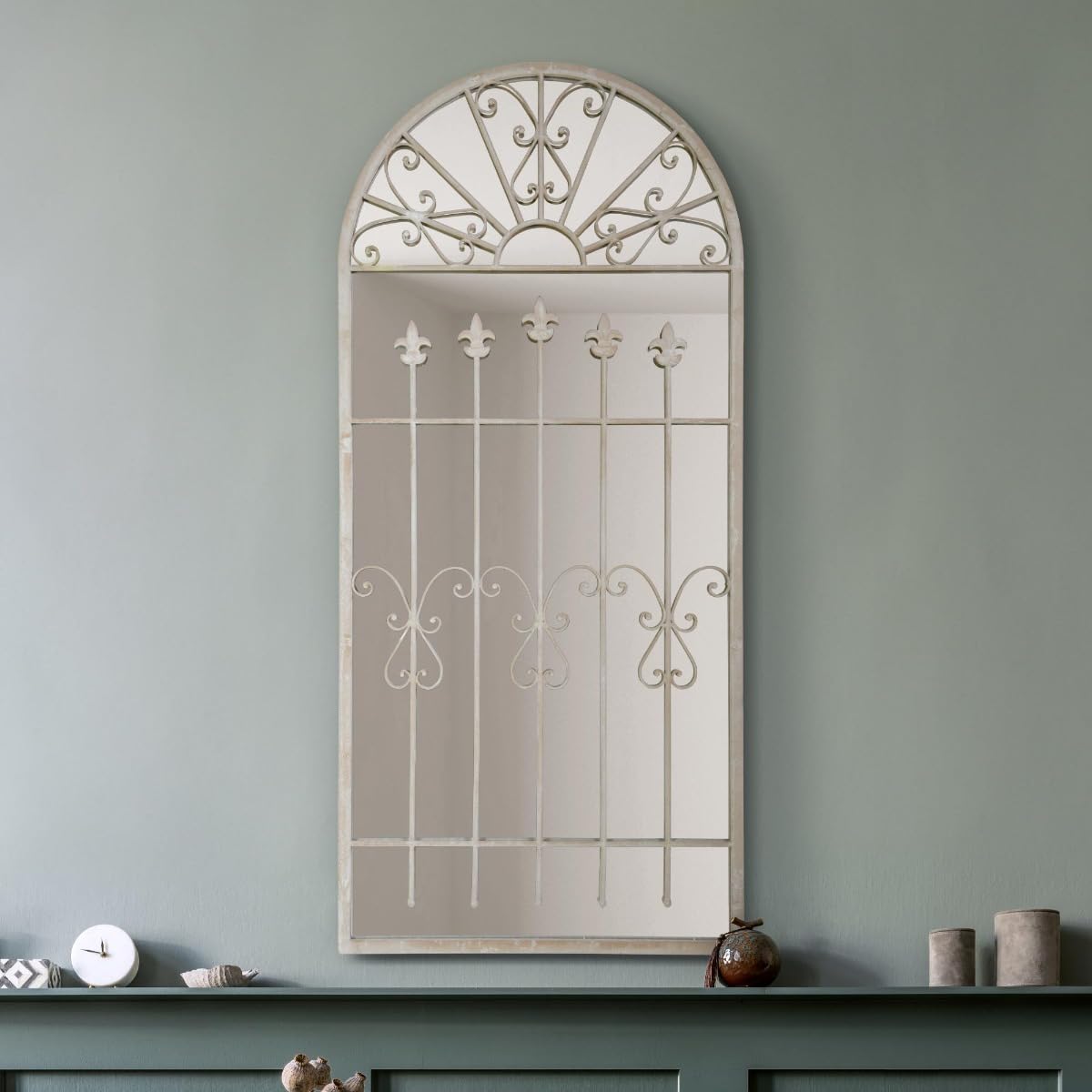 The Somerley - Extra Large Rustic Framed Arched Gothic Window Style Leaner Wall Mirror 55" X 26" (140CM X 65CM) Stone Colour, Beige